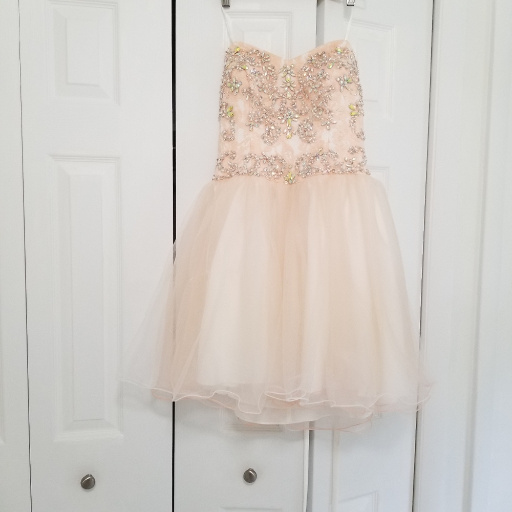 Camille Le Vie Dress Size 6 Short Champagne Dress with Beaded Embroidery